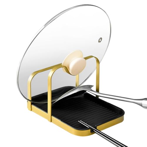 HASTHIP Pot Lid Holder with Detachable Grooved Drain Tray Multi Purpose Metal Dual Golden Black Kitchen Organizer Holder for Pot Lids, Spoon, Spatula, Tableware, 20x13.8x11.5cm HASTHIP Pot Lid Holder with Detachable Grooved Drain Tray Multi Purpose Metal Dual Golden Black Kitchen Organizer Holder for Pot Lids, Spoon, Spatula, Tableware, 20x13.8x11.5cm